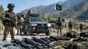 Pakistani security forces conduct militant operations in KP with military vehicles and recovered weapons
