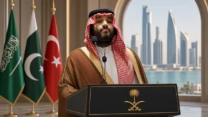 Crown Prince Mohammad bin Salman speaking at a podium featuring the Saudi Arabia emblem, with Saudi, Pakistani, and Turkish flags in the background and a modern city skyline