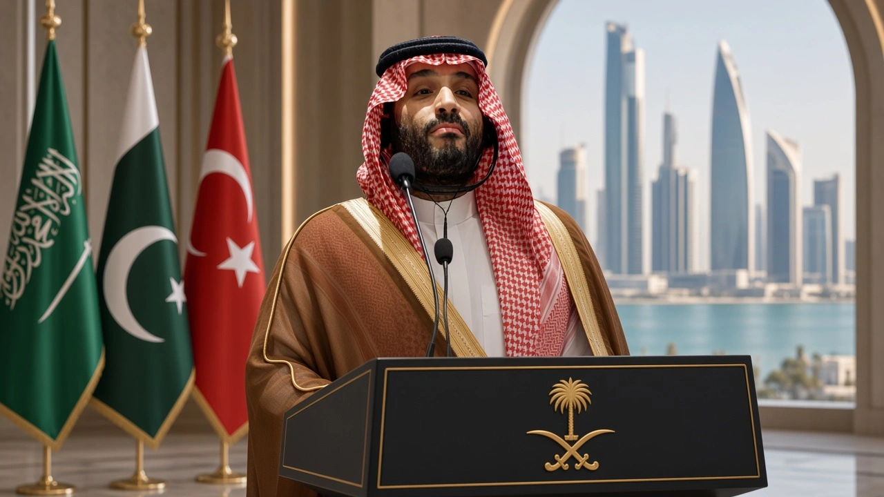Crown Prince Mohammad bin Salman speaking at a podium featuring the Saudi Arabia emblem, with Saudi, Pakistani, and Turkish flags in the background and a modern city skyline