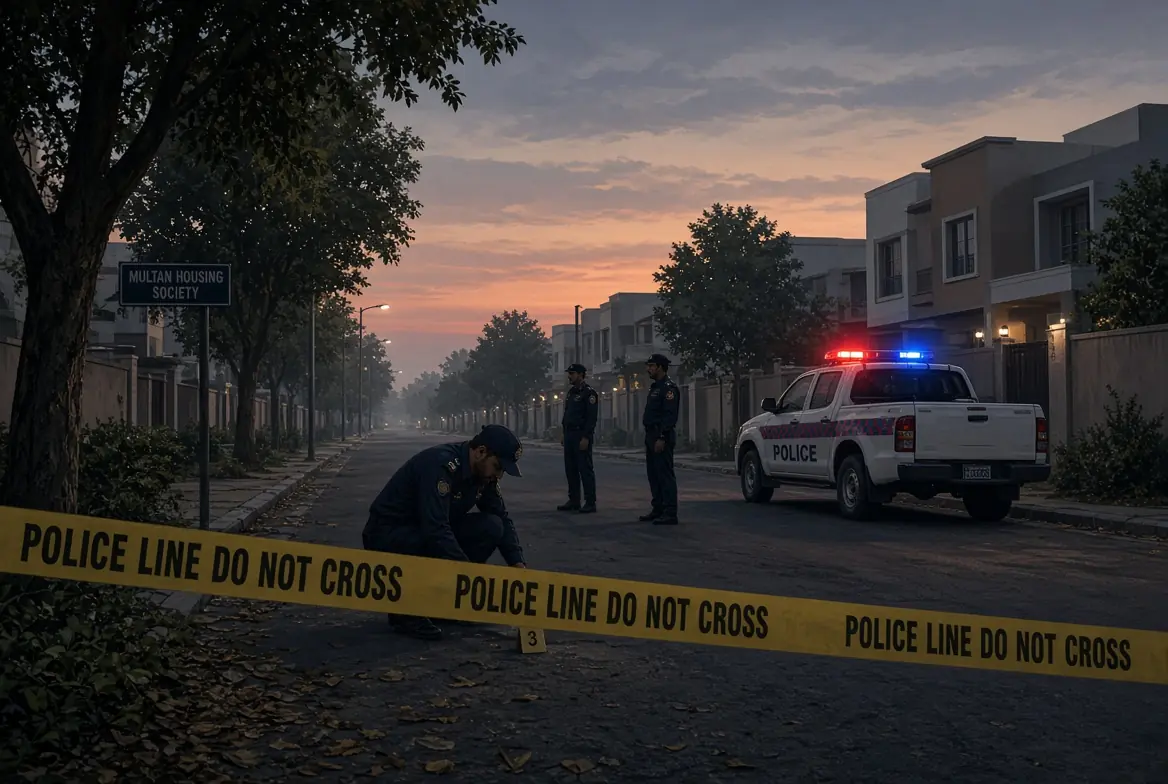 Police officers investigating Multan orphan killing case at housing society crime scene with yellow police tape and police vehicle at dusk