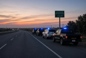 Police vehicles with blue lights parked on Bahawalpur Northern Bypass related to Multan orphan murder suspect encounter