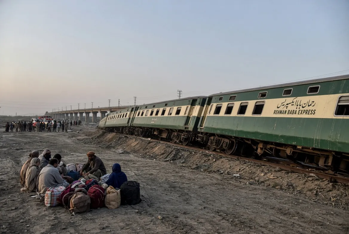 Derailed coaches of Rehman Baba Express near Sher Shah Bridge during Multan train derailment with passengers and luggage sitting on the ground