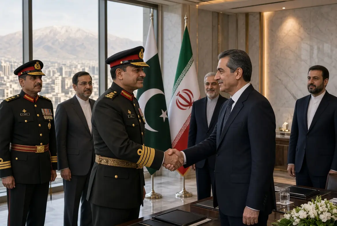 Field Marshal Asim Munir in military uniform shaking hands with Iranian official during Munir Tehran Visit in formal Tehran meeting hall with Pakistan and Iran flags