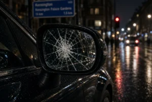 Damaged side mirror of Nawaz Sharif cars showing smashed glass on a rainy London street at night