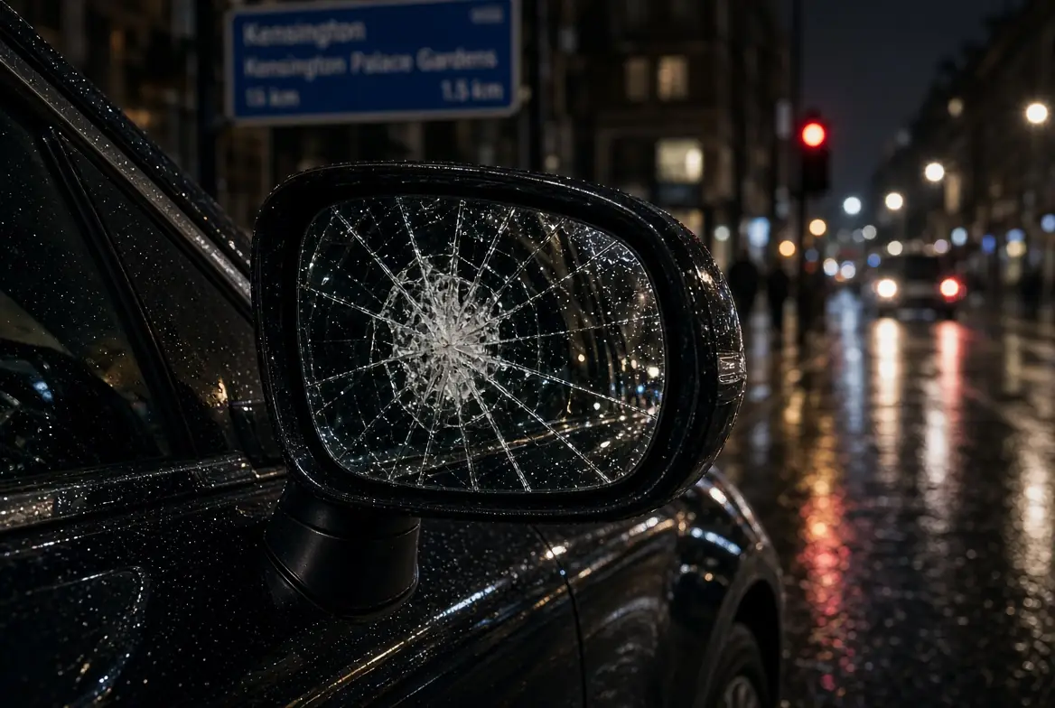 Damaged side mirror of Nawaz Sharif cars showing smashed glass on a rainy London street at night