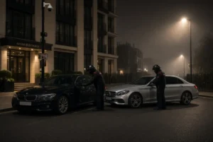 Masked delivery men standing near Nawaz Sharif vehicles BMW and Mercedes parked outside Avenfield House in London at night