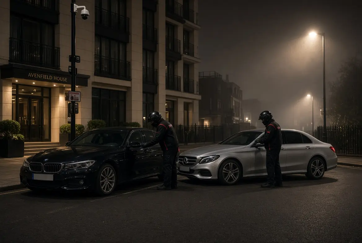 Masked delivery men standing near Nawaz Sharif vehicles BMW and Mercedes parked outside Avenfield House in London at night