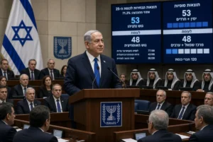 Benjamin Netanyahu at the podium in the Israeli Knesset with election results screens showing Netanyahu election pressure on Arab parties