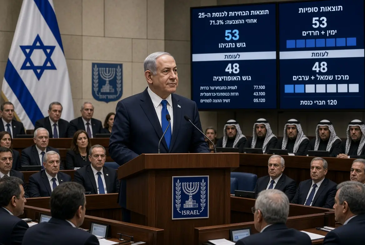 Benjamin Netanyahu at the podium in the Israeli Knesset with election results screens showing Netanyahu election pressure on Arab parties