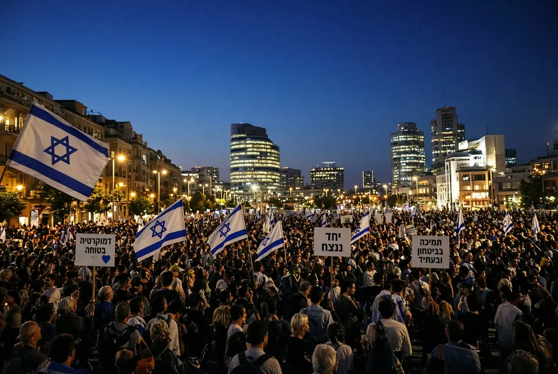 Netanyahu rally Tel Aviv large night protest with Israeli flags and demonstrators demanding accountability
