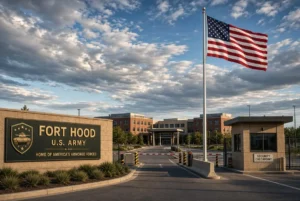 Entrance to Fort Hood US Army base under cloudy sky with American flag, related to Nidal Hasan execution approval