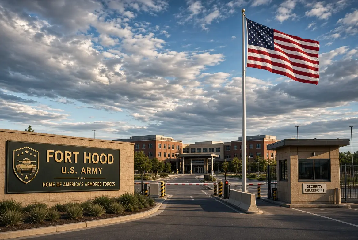Entrance to Fort Hood US Army base under cloudy sky with American flag, related to Nidal Hasan execution approval