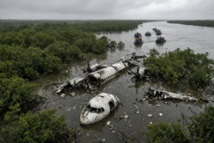 Remnants of Nigerian Air Force ATR-42 after Nigeria plane crash near river in Ondo State with rescue boats searching the swampy area