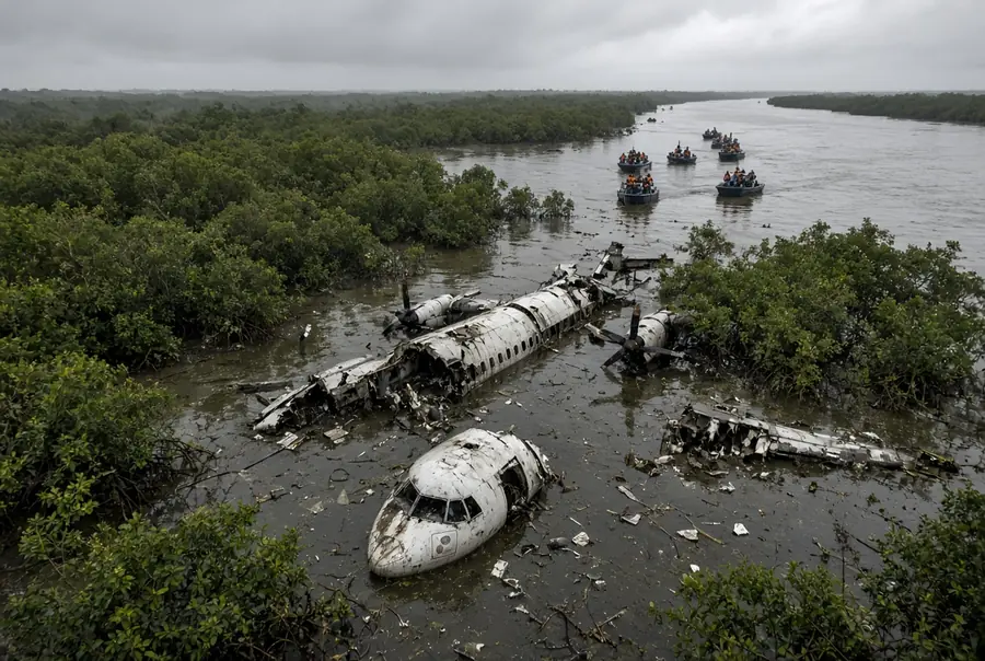 Remnants of Nigerian Air Force ATR-42 after Nigeria plane crash near river in Ondo State with rescue boats searching the swampy area