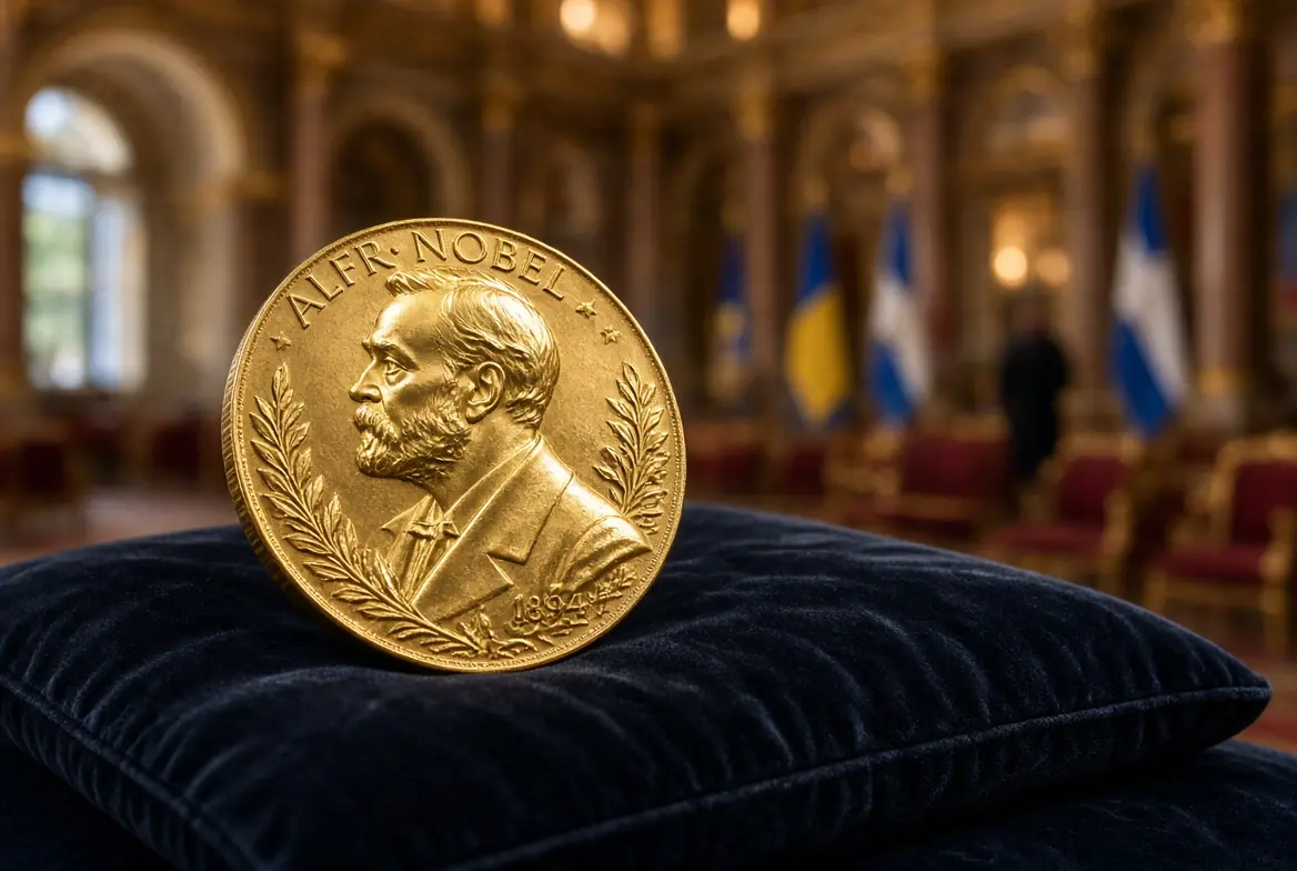 Gold Nobel Prize medal resting on a velvet cushion inside a grand hall representing the Nobel prizes