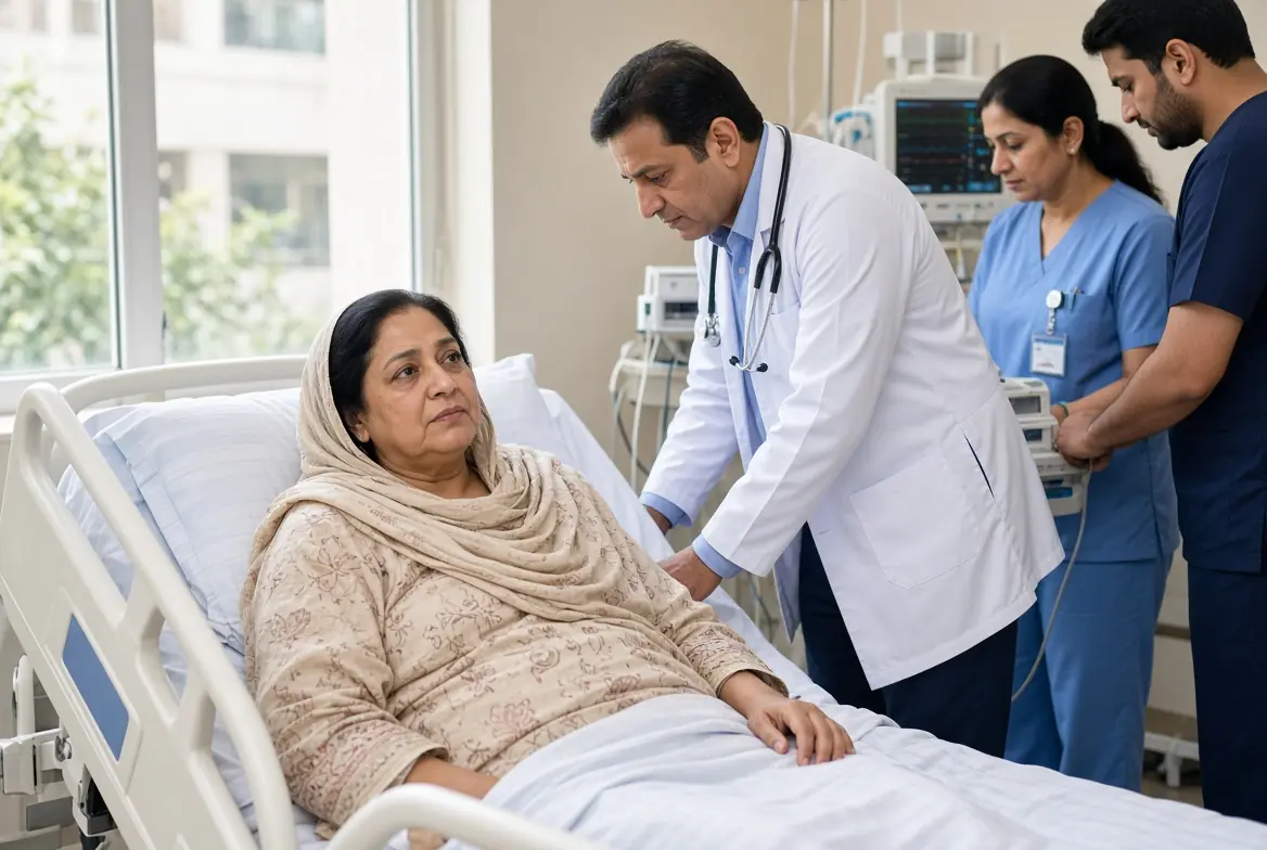 Noreen Niazi hospitalised in hospital bed receiving medical care from doctors at cardiology hospital