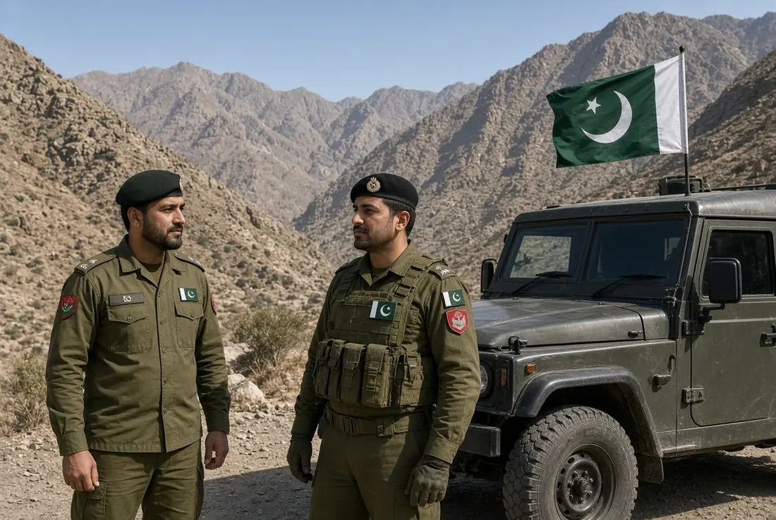 Pakistani security forces personnel with military vehicle during North Waziristan operation in mountainous tribal area