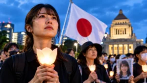 Okinawa curfew protest vigil with Japanese demonstrators holding candles during a public memorial