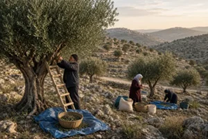 Palestinian farmers carefully harvest olives by hand in traditional West Bank olive groves under soft morning light