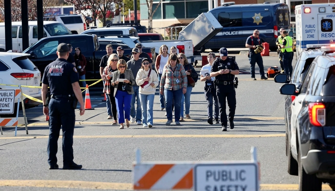 Memorial scene related to Oregon school shooting at Silver Rail Elementary School in Bend