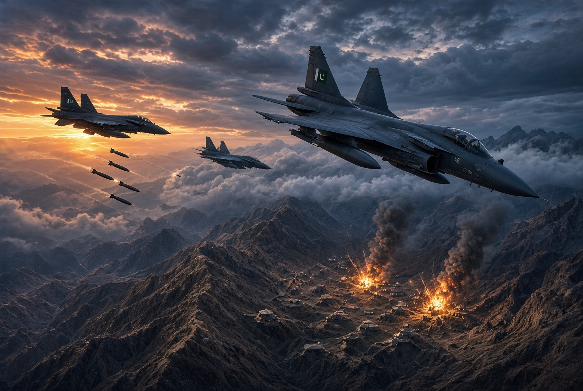 Pakistan Air Force fighter jets flying over mountainous terrain during a military strike