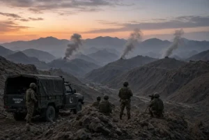 Pakistan Army strikes on Afghan Taliban border posts near South Waziristan showing soldiers and military vehicle overlooking smoking posts in the mountains at dusk