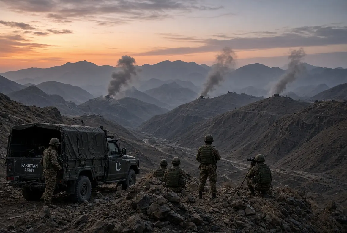 Pakistan Army strikes on Afghan Taliban border posts near South Waziristan showing soldiers and military vehicle overlooking smoking posts in the mountains at dusk
