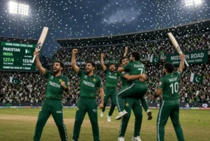 Pakistani cricket players celebrating Pakistan India Sixes win at Hong Kong Sixes 2026 with confetti and stadium crowd
