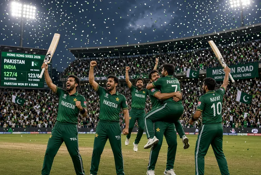 Pakistani cricket players celebrating Pakistan India Sixes win at Hong Kong Sixes 2026 with confetti and stadium crowd