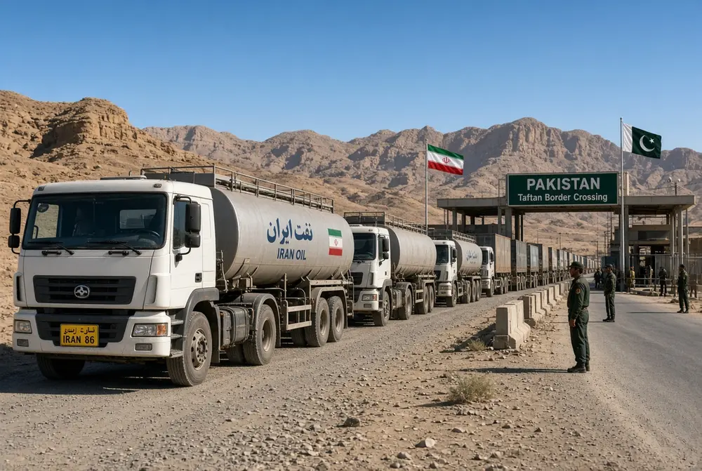 Iranian oil tankers and trucks lined up at the Pakistan Iran Border crossing in Taftan Balochistan during temporary closure for security and smuggling control