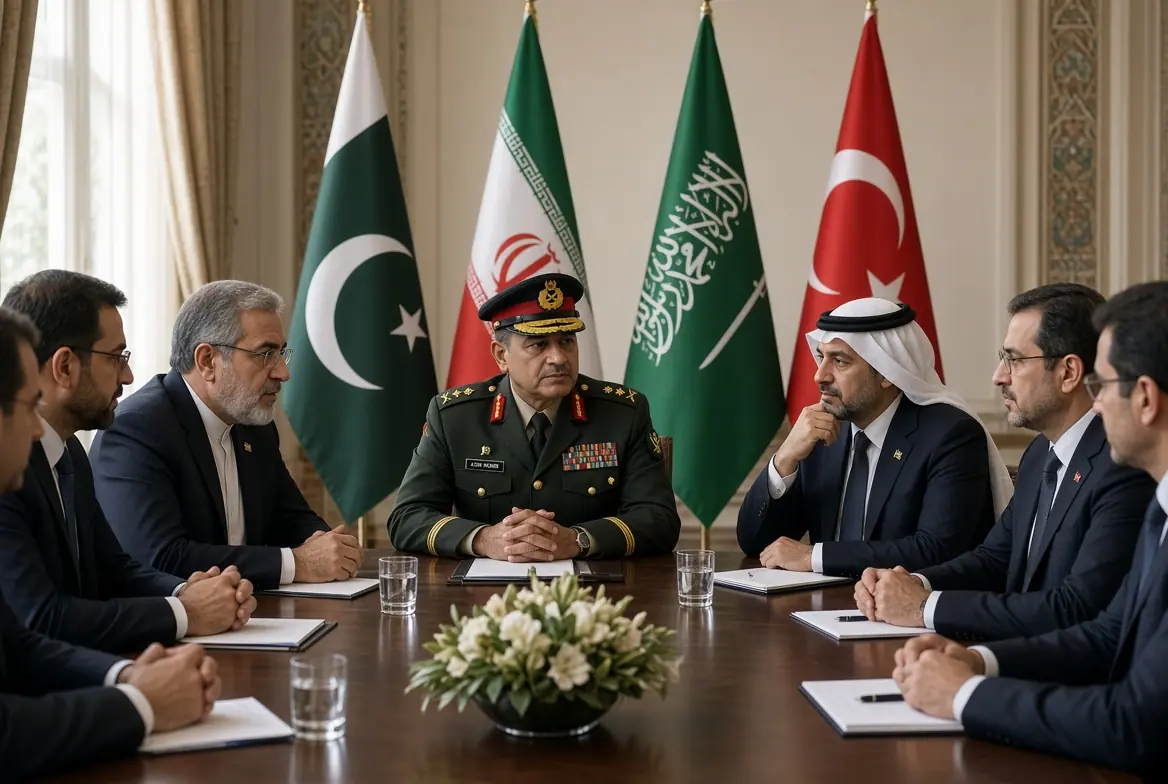 Pakistani military officer leads Pakistan Iran mediation talks with Iranian Saudi and Turkish officials at formal conference table