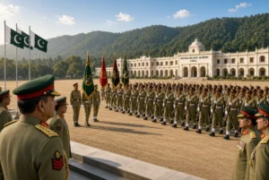 High-quality image of the formal passing-out parade at Pakistan Military Academy (PMA) Kakul showing rows of cadets in ceremonial olive-green uniforms standing at attention with rifles, Pakistani national flags flying, senior officers including CNSC General Syed Aamer Raza reviewing the parade, and the iconic white academy building with green hills in the background under clear blue sky.