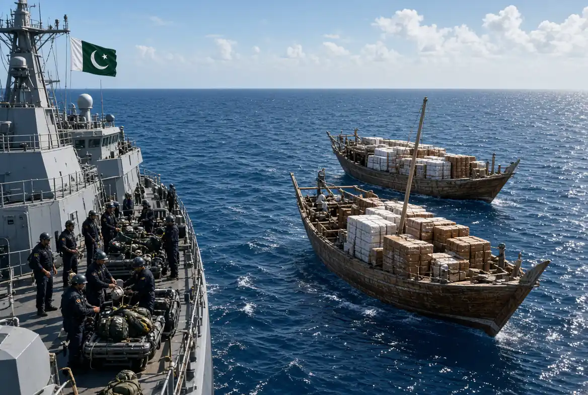 Pakistan Navy seizes large narcotics haul from two dhows during Arabian Sea counter-narcotics operations