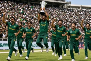 Pakistan cricket team players celebrating victory after rising in Pakistan ODI rankings following win over England