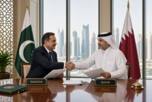 Interior ministers of Pakistan and Qatar shaking hands during bilateral security cooperation meeting in Doha with national flags in background