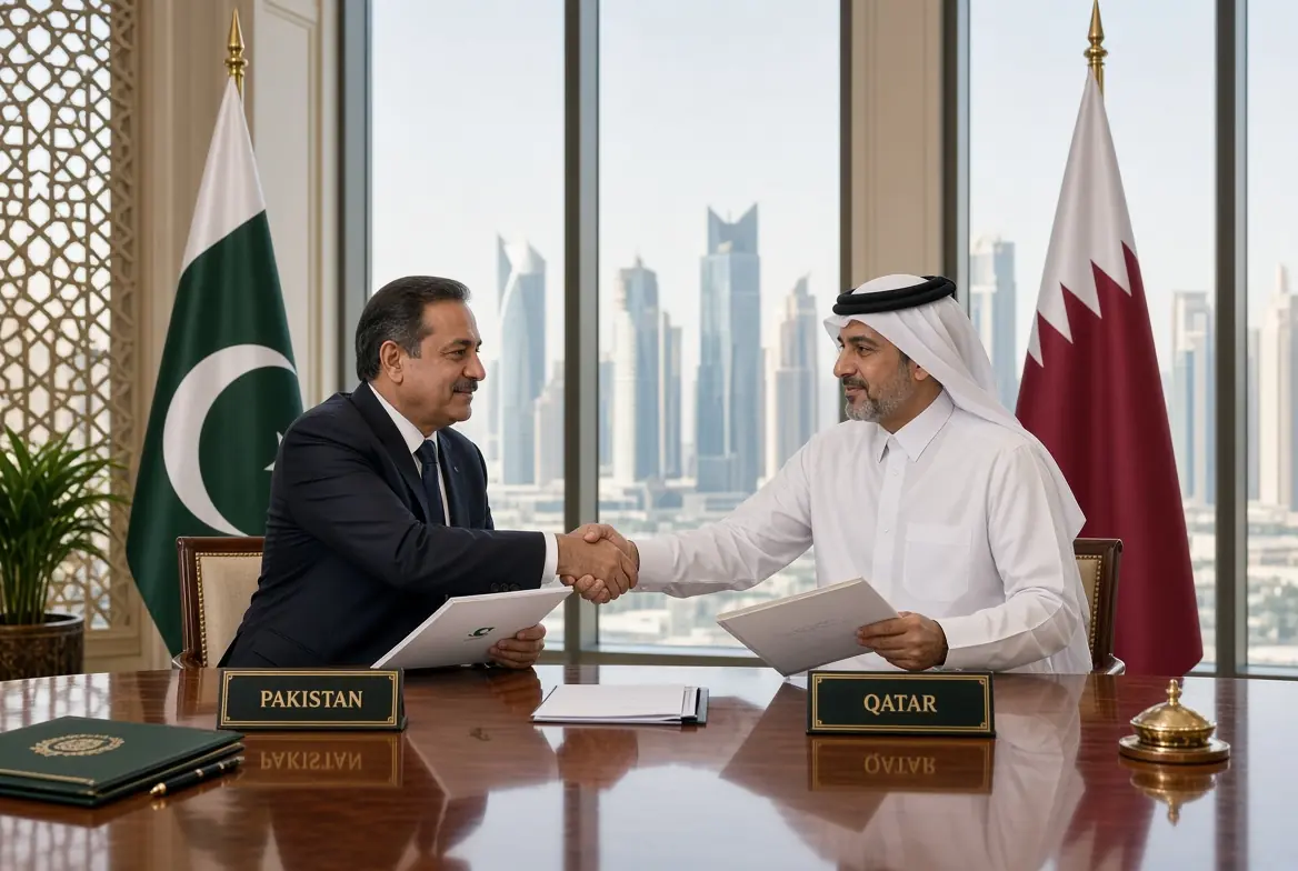 Interior ministers of Pakistan and Qatar shaking hands during bilateral security cooperation meeting in Doha with national flags in background