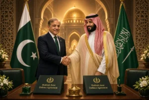 Prime Minister Shehbaz Sharif and Saudi Crown Prince Mohammed bin Salman shaking hands during the signing of the Makkah Joint Defence Agreement, with Pakistan and Saudi Arabia flags in the background