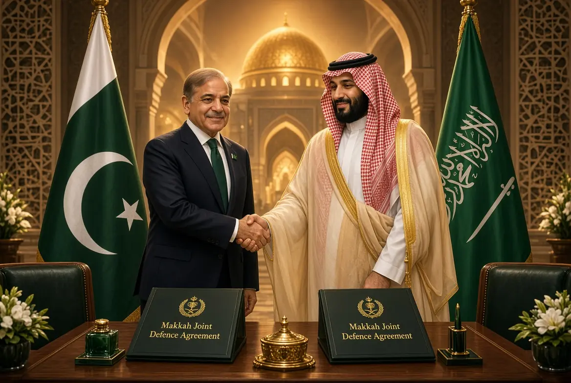 Prime Minister Shehbaz Sharif and Saudi Crown Prince Mohammed bin Salman shaking hands during the signing of the Makkah Joint Defence Agreement, with Pakistan and Saudi Arabia flags in the background