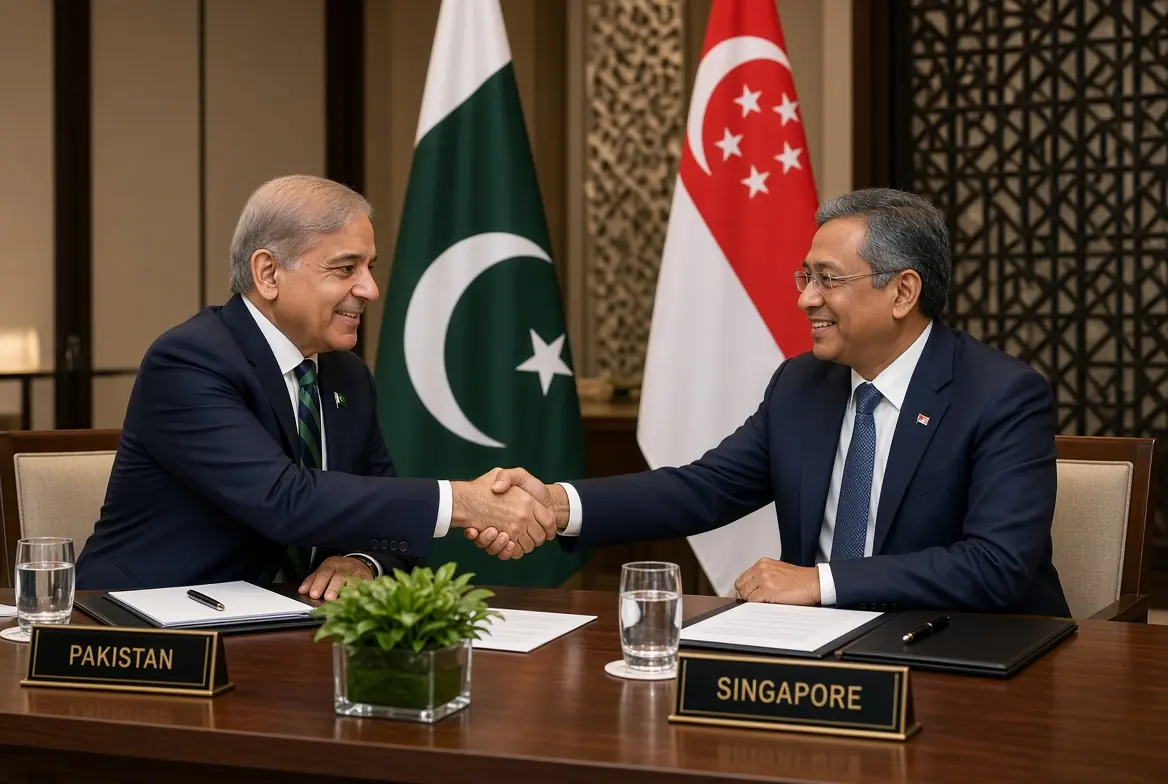 Pakistan Singapore ties – Prime Minister Shehbaz Sharif and Singapore Foreign Minister Dr Vivian Balakrishnan handshake during high-level talks in Islamabad