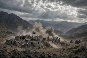 Smoke rising from ruined Afghan Taliban checkposts after Pakistan Taliban strike in the mountainous border region near South Waziristan