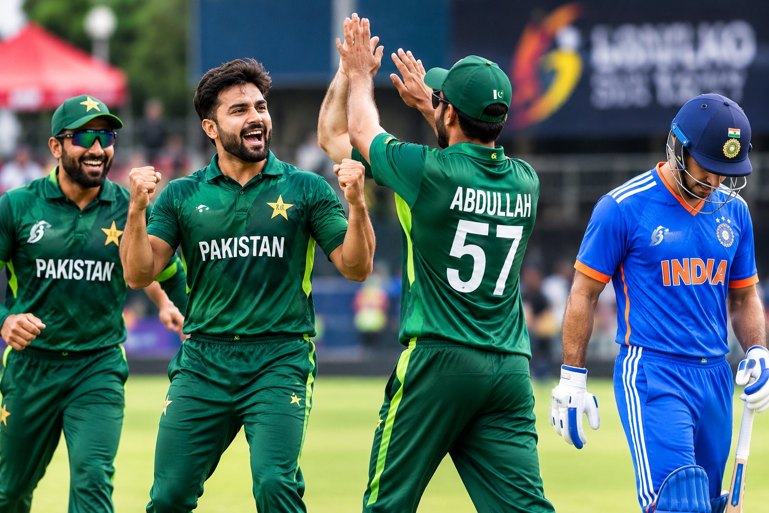 Pakistan cricket players celebrating their victory against India during the Hong Kong Sixes 2026 tournament.