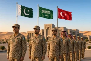Pakistani troops standing in formation with Saudi Arabian and Turkish flags at a military base in Saudi Arabia