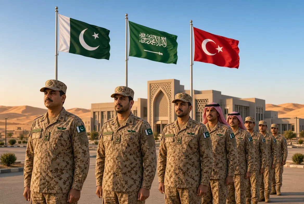 Pakistani troops standing in formation with Saudi Arabian and Turkish flags at a military base in Saudi Arabia