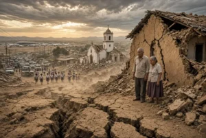 Realistic photo of 7.7 magnitude Panama earthquake aftermath showing cracked homes, elderly residents, damaged church, schoolchildren and traffic in Herrera province