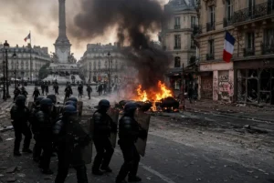 Police in riot gear face burning cars and thick black smoke during intense Paris unrest and civil riots in France