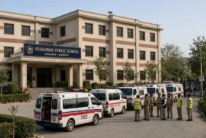Rescue ambulances and emergency personnel standing outside school building after Peshawar school collapse