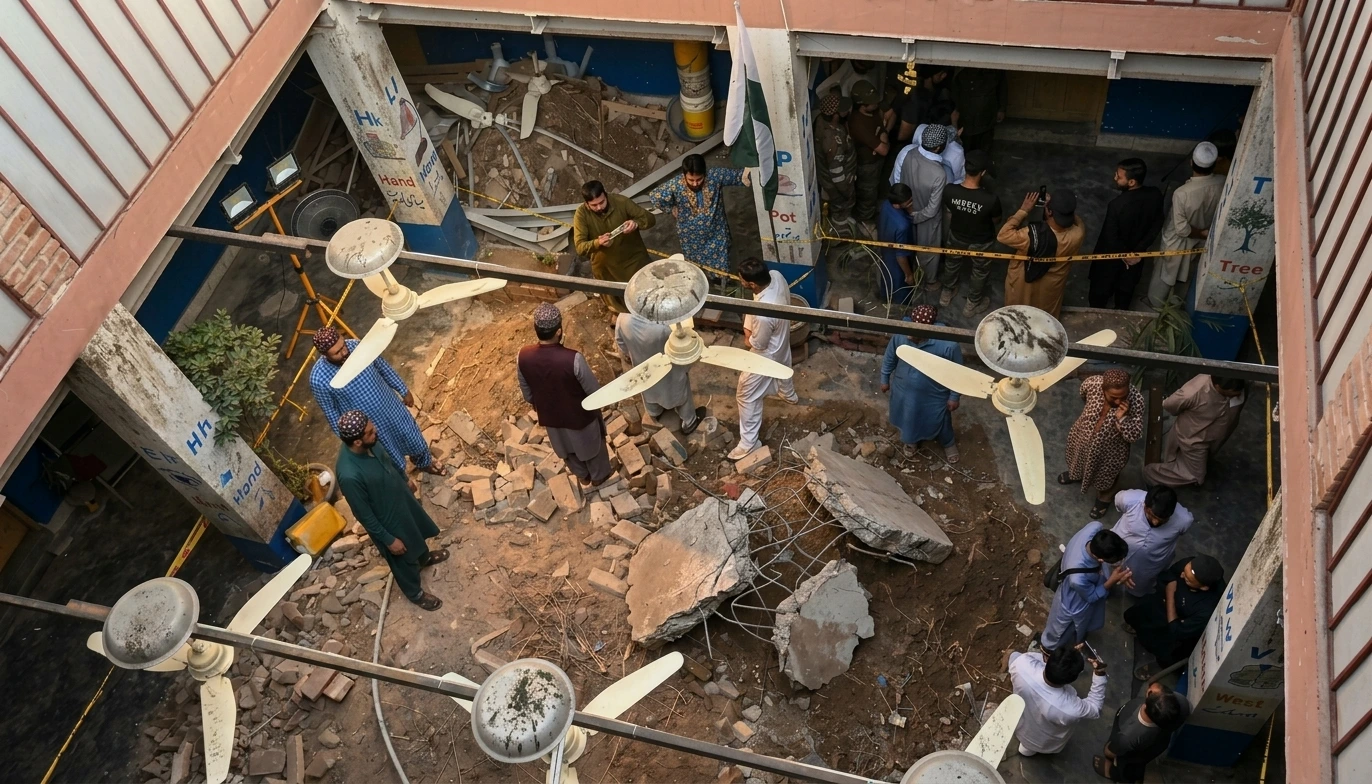 Debris and rubble at the site of Peshawar school collapse where roof fell killing children and teacher