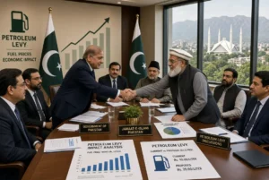 Prime Minister Shehbaz Sharif and JI chief Hafiz Naeemur Rehman shaking hands during petroleum levy talks in a formal Islamabad meeting room with Pakistani flags and fuel price charts