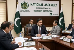 Petroleum Minister Ali Pervaiz Malik speaking at National Assembly Standing Committee meeting on petroleum levy targets in Islamabad with Pakistani flags
