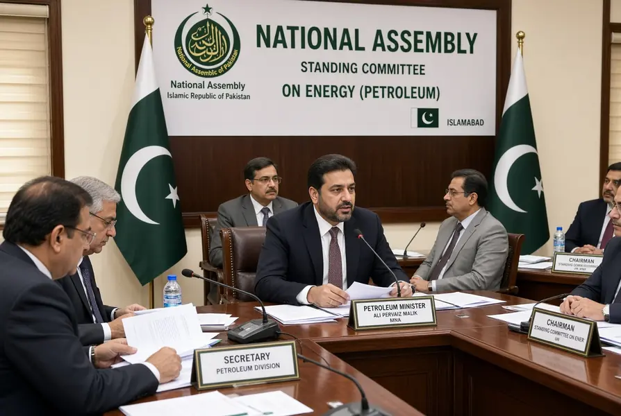 Petroleum Minister Ali Pervaiz Malik speaking at National Assembly Standing Committee meeting on petroleum levy targets in Islamabad with Pakistani flags